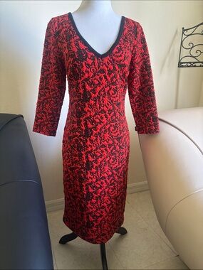 Plenty by Tracy Reese Red and Black V-Neck Textured Midi Dress
